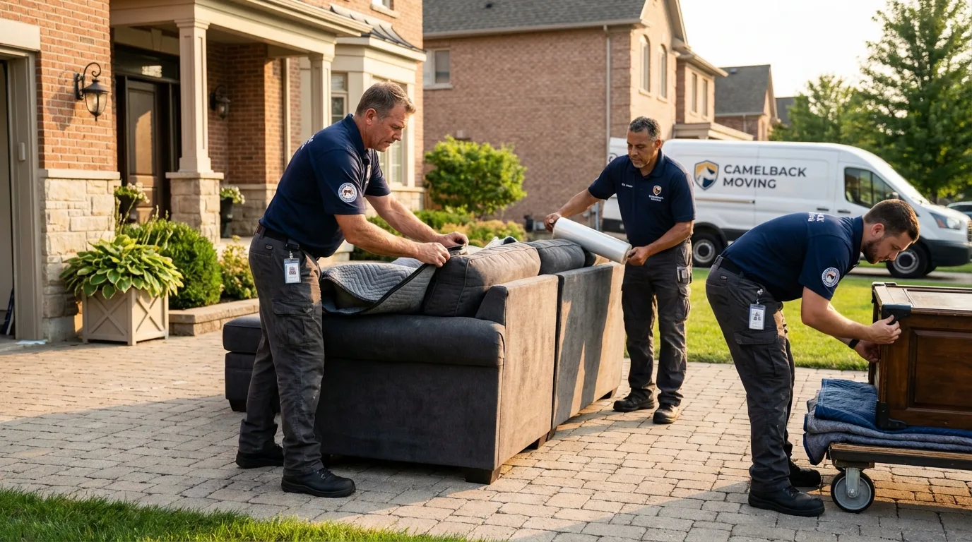 Large estate moving crew wrapping furniture in Islip, NY