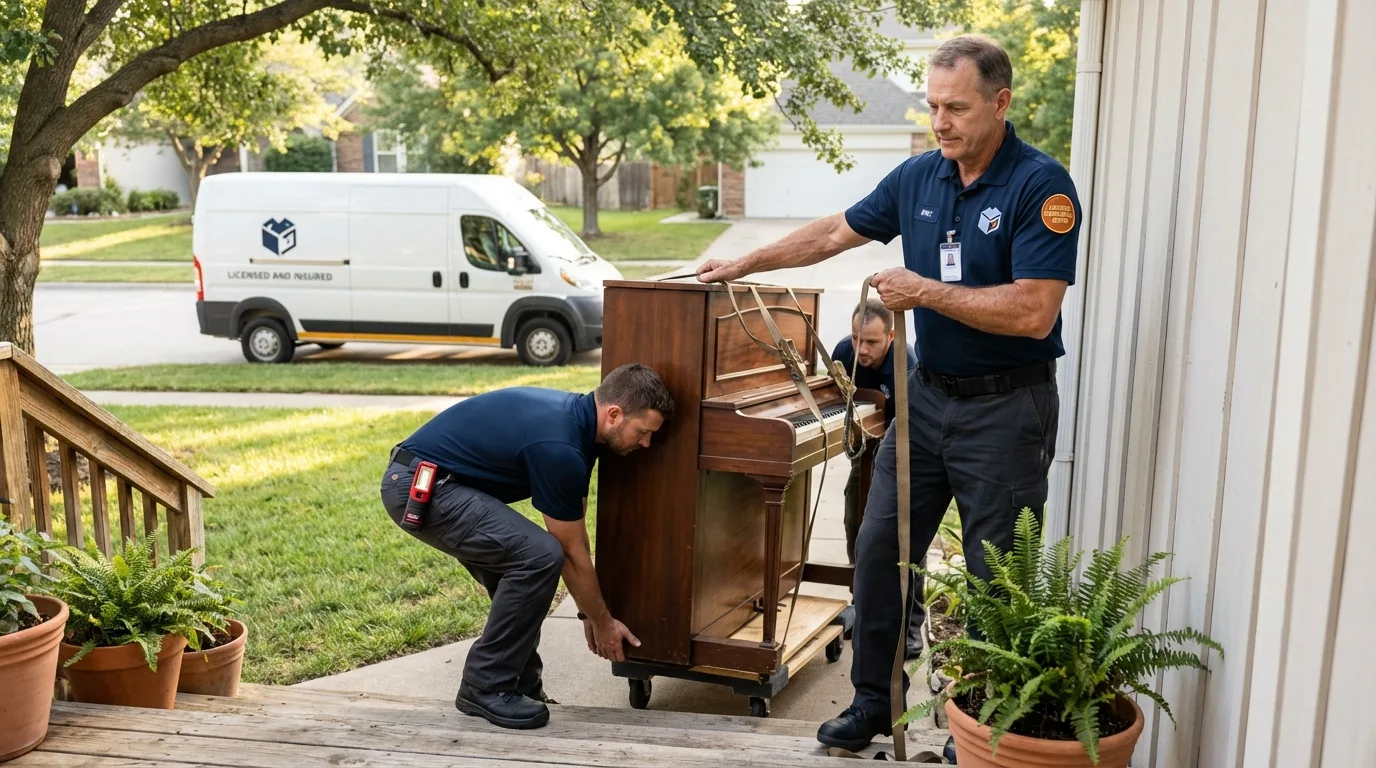 Licensed piano movers securing grand piano in Islip, NY