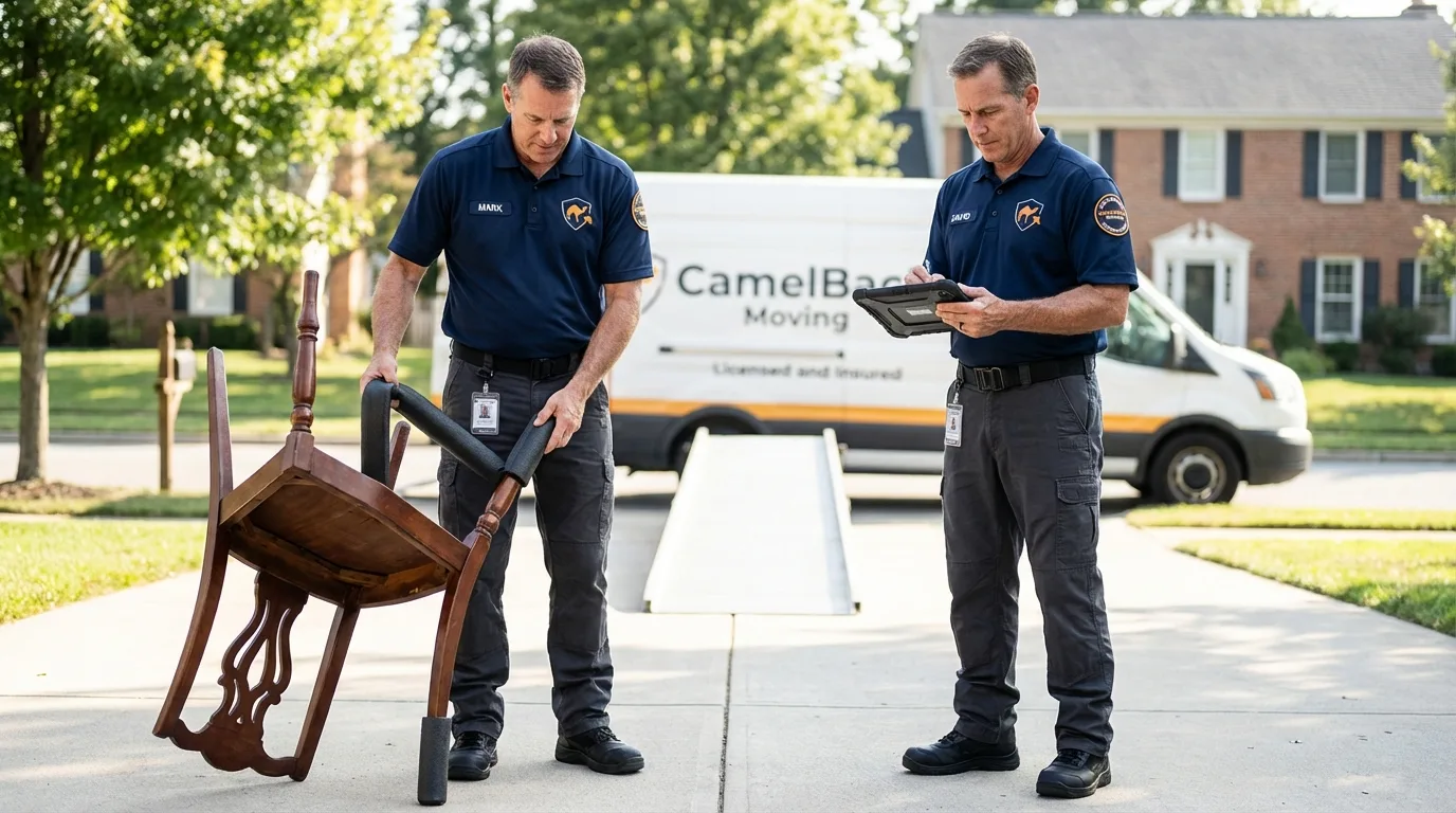 Movers inspecting furniture for damage prevention before loading in Islip, NY